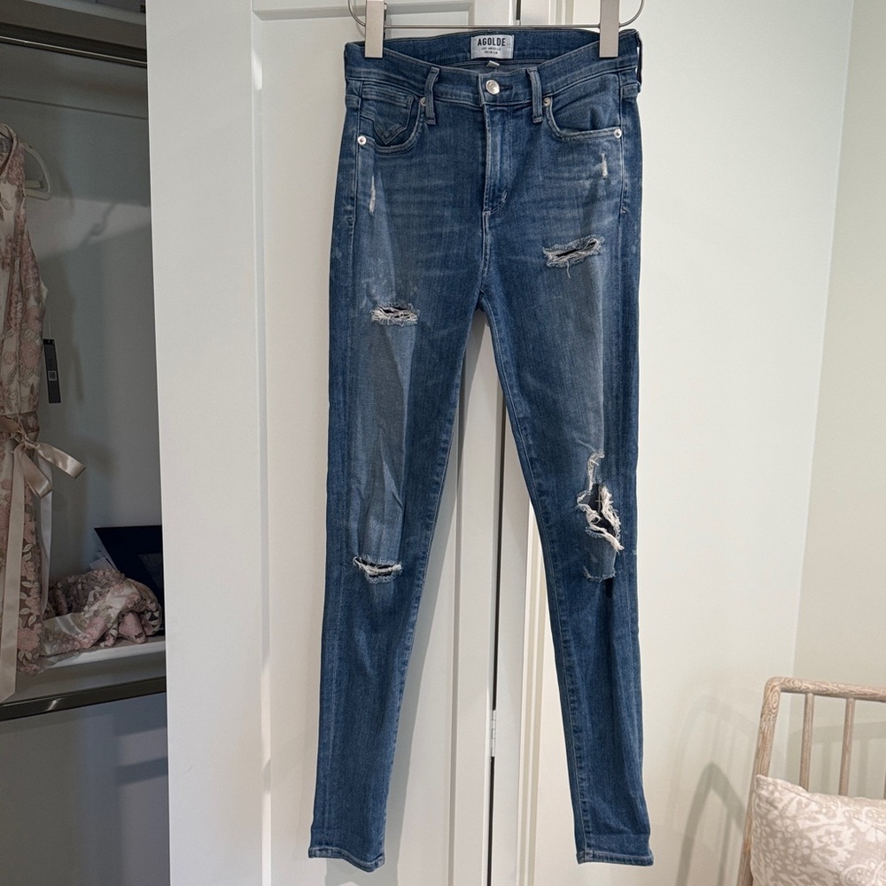 AGOLDE Sophie high-rise skinny distressed jeans in a medium wash